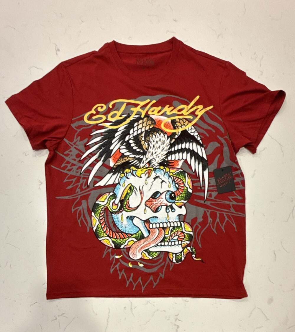 Ed Hardy Red Eagle Skull and Snake Tattoo Art T-Shirt Size Large